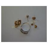 Misc jewelry ring, 4 single earrings most 14K,