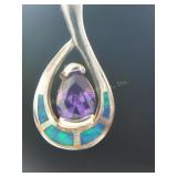 Silver earrings w/amethyst & blue opals, marked