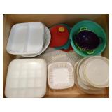 Plastic ware & glass pie plates, contents of