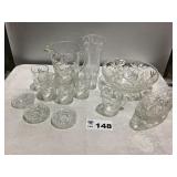 CUT GLASS DISHES, PITCHER & GLASSES