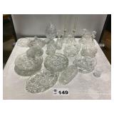 CUT GLASS DISHES, BUTTER DISH, CANDLE HOLDERS