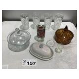 GLASSES, BUTTER DISH, RING HOLDER, LIDDED DISHES