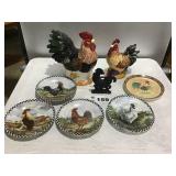 ROOSTER PLATES, COOKIE JAR, TRIVET, PLANTER