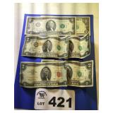 5 2 DOLLAR BILLS, 1 1 DOLLAR BILL