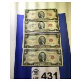 4 RED SEAL 2 DOLLAR BILLS, 1953 SERIES
