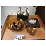 AMBER BOWLS, CANDLE STICKS, SAUCE BOWL, NAPKIN AMBER BOWLS, CANDLE STICKS, SAUCE BOWL, NAPKIN
