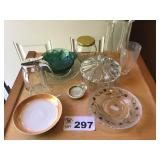 CANDY DISH, SYRUP CONTAINER, MISC PLATES, BUTTER CANDY DISH, SYRUP CONTAINER, MISC PLATES, BUTTER