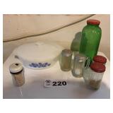 PYREX CASSEROLE DISH, SALT & PEPPERS, JUICE JAR PYREX CASSEROLE DISH, SALT & PEPPERS, JUICE JAR