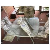GLASS TOP SQUARE PATIO TABLE, 3 CHAIRS, UMBRELLA GLASS TOP SQUARE PATIO TABLE, 3 CHAIRS, UMBRELLA