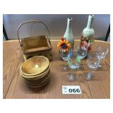 WOODEN BOWLS, WINE BOTTLES, GLASSES, BASKET WOODEN BOWLS, WINE BOTTLES, GLASSES, BASKET