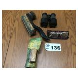 VINTAGE EYE GLASSES, BINOCULARS, SHOE BRUSH, WOOD VINTAGE EYE GLASSES, BINOCULARS, SHOE BRUSH, WOOD