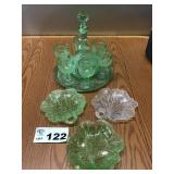 GREEN DECANTUR, GOBLETS, CANDY DISHES GREEN DECANTUR, GOBLETS, CANDY DISHES