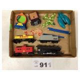 SHELL TRAIN ENGINE AND CARS WITH MISC TOYS