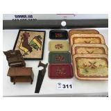 VINTAGE TRAYS, DOLL FURNITURE, MOSAIC CHICKEN VINTAGE TRAYS, DOLL FURNITURE, MOSAIC CHICKEN