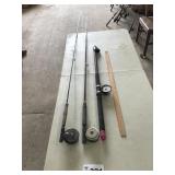 3 FLY RODS, 1 AUTOMATIC REEL, 1 TELESCOPING ROD