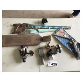 FISHING REELS, SAW, CLEANING BOARD, WEIGHTS, MISC