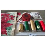 LARGE CANDLES, TIN, 3 THROW RUGS