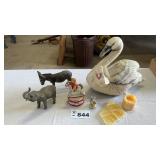 STUFFED SWAN, ELEPHANT, DONKEY, MUSICAL FIGURE,