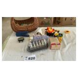 WICKER BASKET WITH PAINTS, CLOCK, CRAFT SUPPLIES