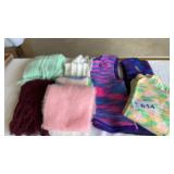 3 CROCHETED VESTS, 5 SCARVES