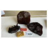 RABBIT FUR MUFF, PURSE, HAT, BEADED COIN PURSES