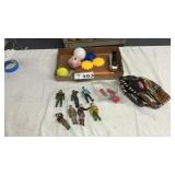 ACTION FIGURES,BALL GLOVE, MISC TOYS