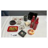ASHTRAYS, COASTERS, EMPTY BUD BOTTLES, MILLER
