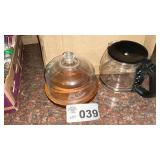 GLASS TOP CHEESE DISH, COFFEE POT