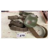 MILITARY BELTS, PLASTIC TOY HELMET, BANDALIER
