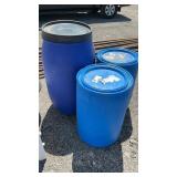 3 BLUE PLASTIC BARRELS, 30 and 55 GAL