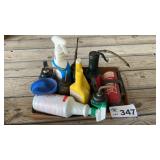 OIL CANS, FUNNELS, CHEMICALS