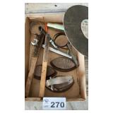 SAD IRONS, WIRE BRUSHES, OIL FILTER WRENCHES