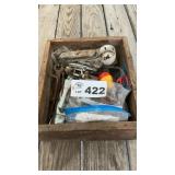 WOODEN BOX W MISC TOOLS, BALL HITCH