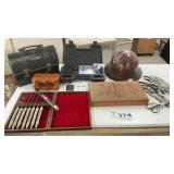 LUNCH BOX, STEAK KNIVES IN WOOD BOX, HARD HAT,