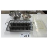 STAINLESS BOWLS, BROWNIE PAN WITH LID
