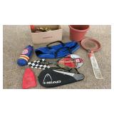 TINS, PLASTIC PLANTER, TENNIS RACKET, OTHER