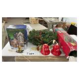CHRISTMAS ITEMS, TREE, WREATH, BULBS, VILLAGE