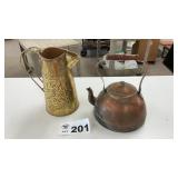 COPPER TEA KETTLE, TIN PITCHER