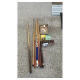POOL STICKS, STICK RACK, CHALK