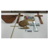 RELIGIOUS ITEMS, CROSSES, PLATE RACK