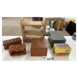 WOOD AND METAL BOXED, PENCIL HOLDERS