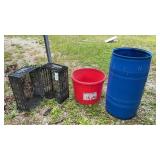 RED PLASTIC TUB, BLUE BARREL, HINGED PLASTIC CRATE