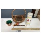 BASKET, VASE, TIN, WOOD CARVED PIPE