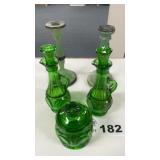 GREEN CANDLESTICKS, DECANTERS, LIDDED DISH