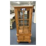 OAK CABINET, GLASS SHELVES, LIGHTED, DRAWERS, 24