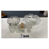 PRESSED GLASS BOWLS, S & P SHAKERS