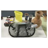 BACK SUPPORT, TUPPERWARE, BLUES PLASTIC CUPS,