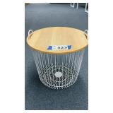 WIRE BASKET, WOOD LID STORAGE CONTAINER