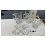 ANCHOR HOCKING PITCHERS, CANDY DISH, ASHTRAYS