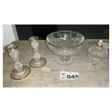 GOLD RIMMED BOWLS, CANDLESTICKS